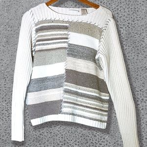 Liz Clairborne Petite Grey White & Beige Asymmetrical Stripe Knit Sweater sizeMP